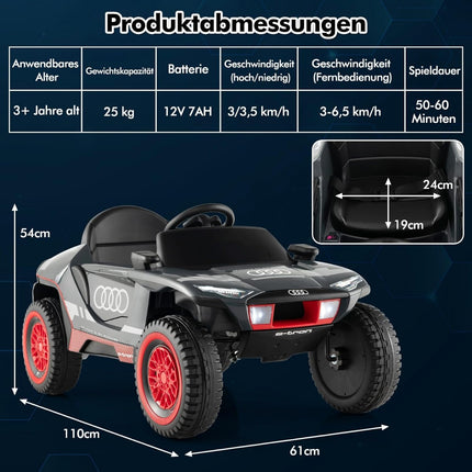 „Audi“ elektrinis automobilis vaikams 12 V elektrinis vaikiškas automobilis su nuotolinio valdymo pultu, LED žibintais ir 4 pakabomis, pilkos spalvos