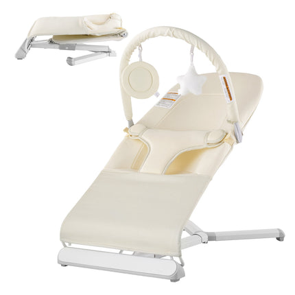 Baby Bouncer Seat, Foldable, 2-Recline, Toy Bar, Beige