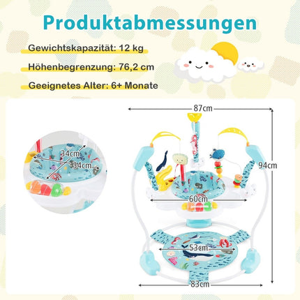 Šviesiai mėlynas „Baby Sky Jumperoo“ su reguliuojamo aukščio žaisliukais ir muzikine dėtuke vaikštynėje