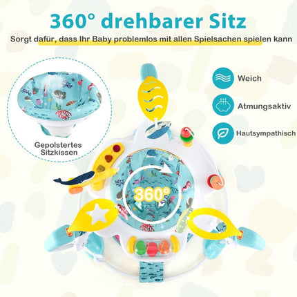 Šviesiai mėlynas „Baby Sky Jumperoo“ su reguliuojamo aukščio žaisliukais ir muzikine dėtuke vaikštynėje