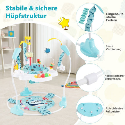 Šviesiai mėlynas „Baby Sky Jumperoo“ su reguliuojamo aukščio žaisliukais ir muzikine dėtuke vaikštynėje