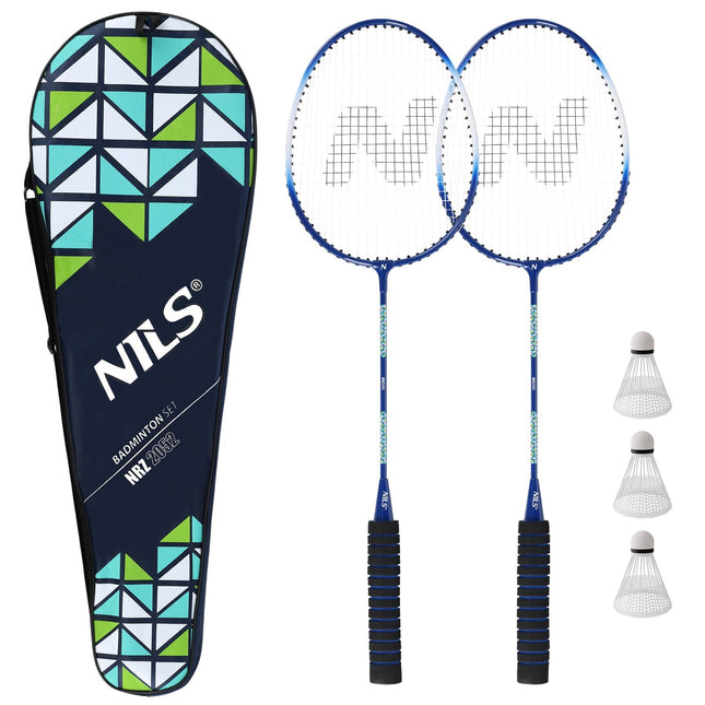 Badmintono rinkinys - 2 aliuminio raketės, 3 plunksninukai, uždangalas