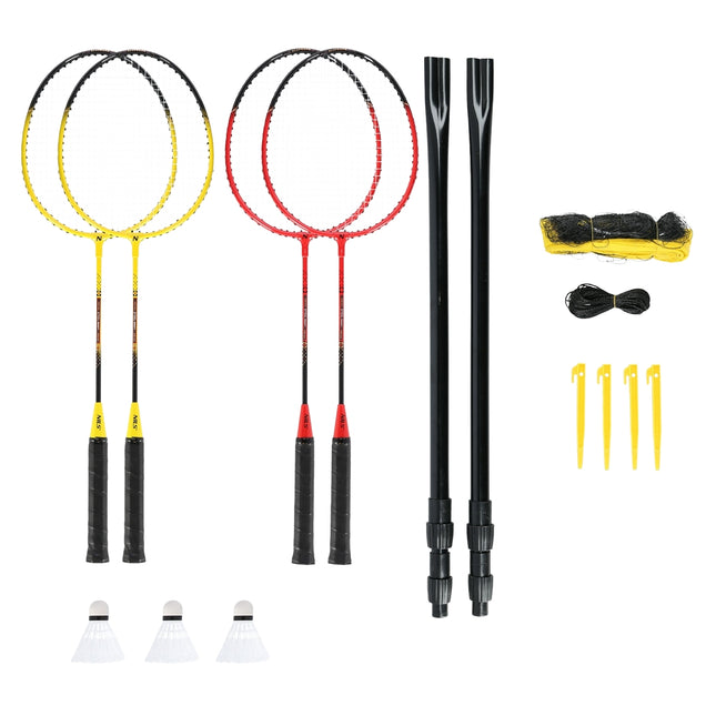 Badmintono rinkinys - 4 raketės, 3 plunksninės lazdos, tinklas