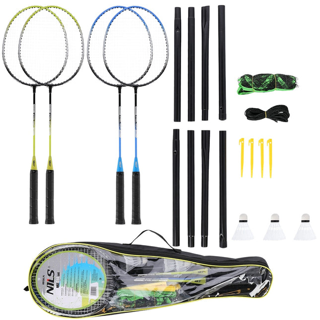 Badmintono rinkinys - 4 raketės, 3 plunksninukai, tinklas ir uždanga