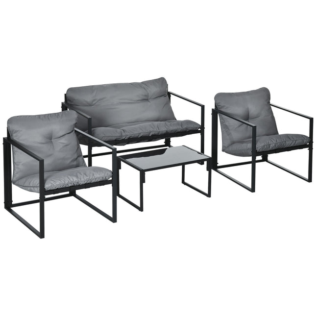 Balkono baldai su sėdynių pagalvėlėmis, sodo poilsio komplektas, dvigulė sofa, 2 foteliai, kavos staliukas, pilka+juoda
