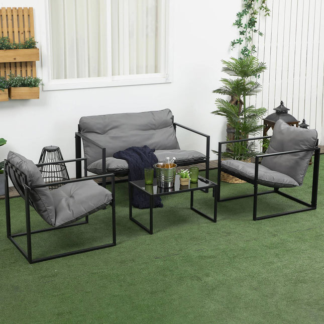 Balkono baldai su sėdynių pagalvėlėmis, sodo poilsio komplektas, dvigulė sofa, 2 foteliai, kavos staliukas, pilka+juoda