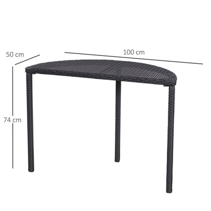 Balkono stalas, pusapvalis sodo staliukas, pagamintas iš poliratano ir metalo, juodas, 100 x 50 x 74 cm