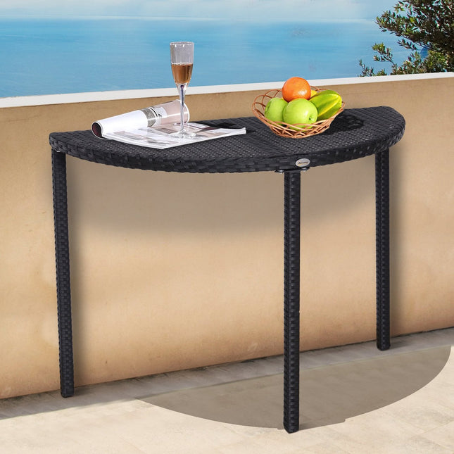 Balkono stalas, pusapvalis sodo staliukas, pagamintas iš poliratano ir metalo, juodas, 100 x 50 x 74 cm
