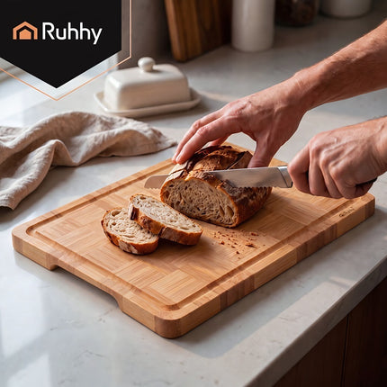 Bamboo Chopping Board Set of 3 with Juice Grooves and Stand, 1.75 cm Thick