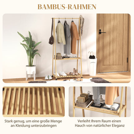 Bambukinis drabužių kabykla su ratukais, 112 cm pakabinimo aukštis