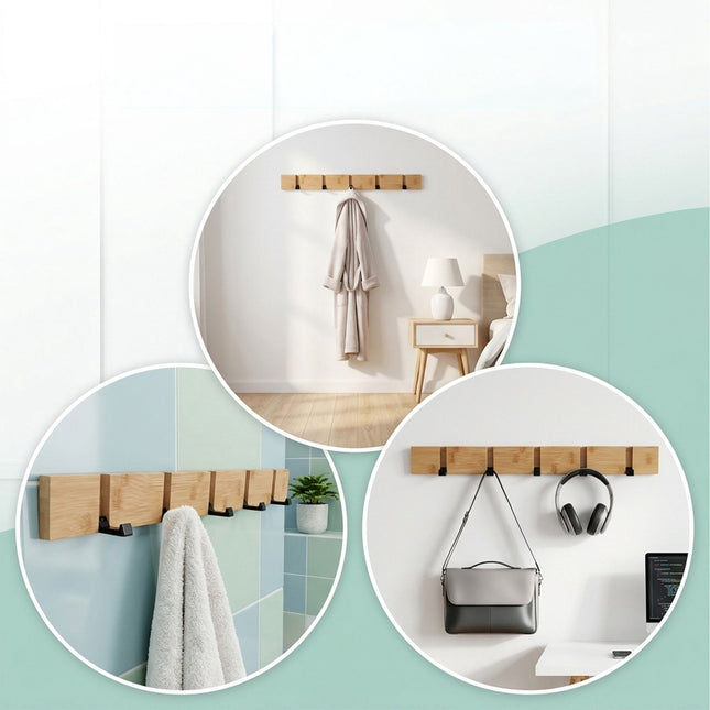 Bamboo Coat Rack With Folding Hooks, Natural And Black