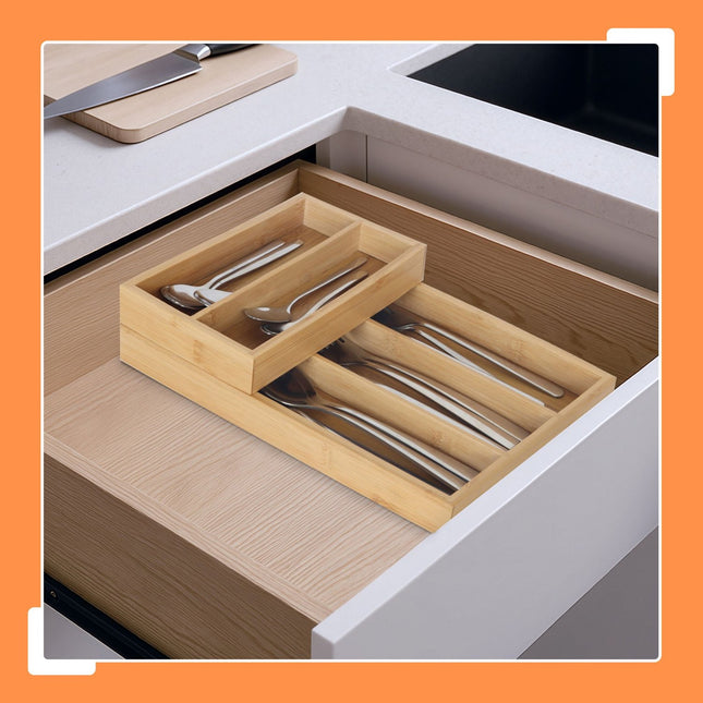 Bamboo Cutlery Drawer Organizer, 2-Piece, 6 Compartments