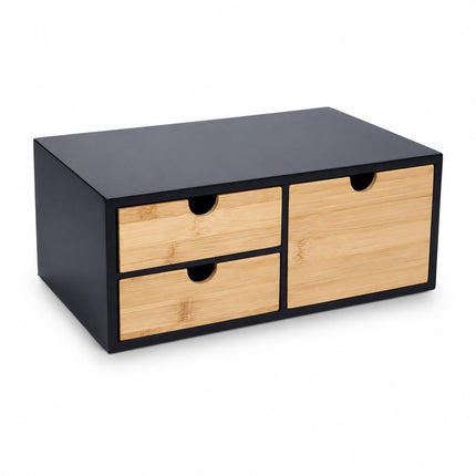 Bamboo Desk Organiser with 2 Small and 1 Large Drawer, 13.5 x 33 x 21 cm, Black