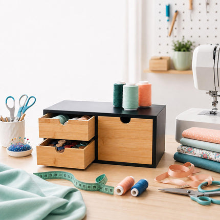 Bamboo Desk Organiser with 2 Small and 1 Large Drawer, 13.5 x 33 x 21 cm, Black