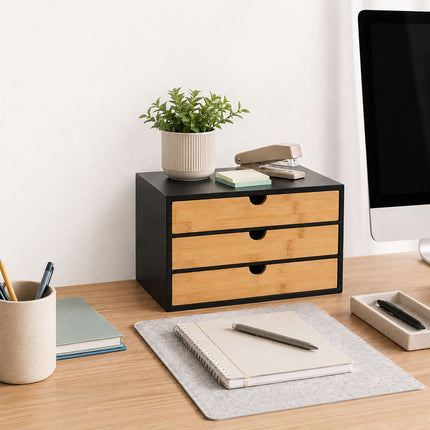 Bamboo Desk Organiser with 3 Drawers, 20 x 33 x 21 cm, Black