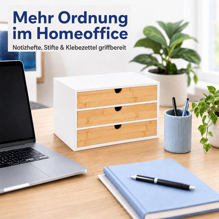 Bamboo Desk Organiser with 3 Drawers, 20 x 33 x 21 cm, White