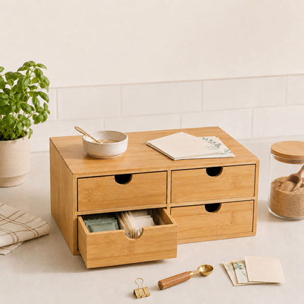Bamboo Drawer Box Desk Organiser with 4 Drawers, 13.5 x 33 x 21 cm, Natural