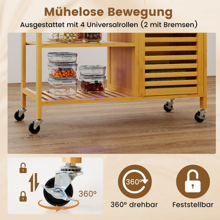 Bambukinis virtuvės vežimėlis su stalčiumi ir lentynomis, mobilus daiktų laikymas