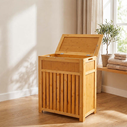 Bamboo Laundry Basket with Lid 80 L, Ventilated Slats, Natural