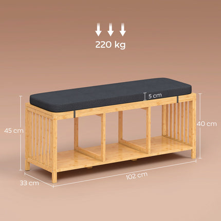 Bambukinis batų suoliukas su pagalvėle, atvira saugykla, 220 kg talpa