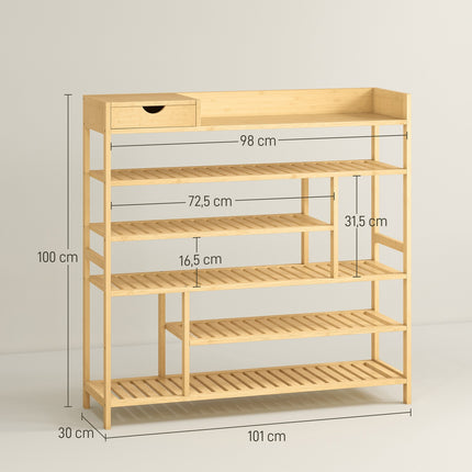 Bamboo Shoe Rack with Drawer, 6 Tiers, Holds 18 Pairs