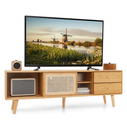 Bambukinis televizoriaus stovas televizoriams iki 65 colių, TV konsolė, vidurio amžiaus modernaus stiliaus, 140 x 31 x 45,5 cm, natūralus