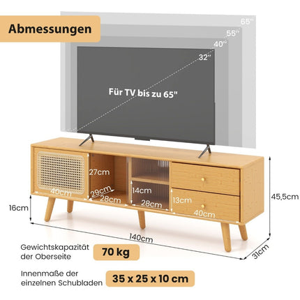 Bambukinis televizoriaus stovas televizoriams iki 65 colių, TV konsolė, vidurio amžiaus modernaus stiliaus, 140 x 31 x 45,5 cm, natūralus