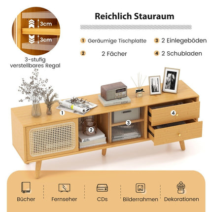 Bambukinis televizoriaus stovas televizoriams iki 65 colių, TV konsolė, vidurio amžiaus modernaus stiliaus, 140 x 31 x 45,5 cm, natūralus