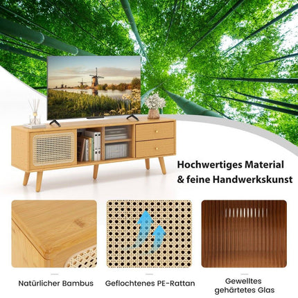 Bambukinis televizoriaus stovas televizoriams iki 65 colių, TV konsolė, vidurio amžiaus modernaus stiliaus, 140 x 31 x 45,5 cm, natūralus