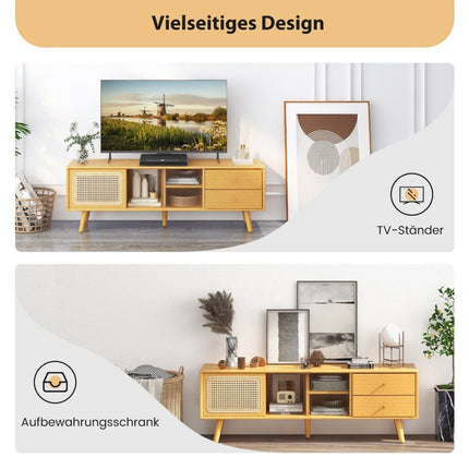 Bambukinis televizoriaus stovas televizoriams iki 65 colių, TV konsolė, vidurio amžiaus modernaus stiliaus, 140 x 31 x 45,5 cm, natūralus