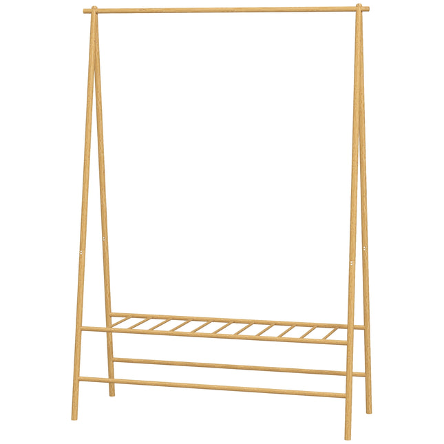 Bambukinis drabužių kabykla su lentynomis ir kabliukais, drabužių kabykla su skersiniu, prieškambariui, svetainei, miegamajam, 116 x 43,5 x 160 cm, natūrali mediena
