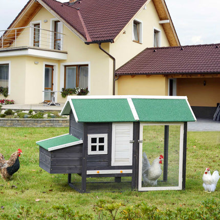 Bantam vištidė, moderni paukštidė su lizdu ir dengtu aptvaru, eglės mediena ir metalinė viela, pilka