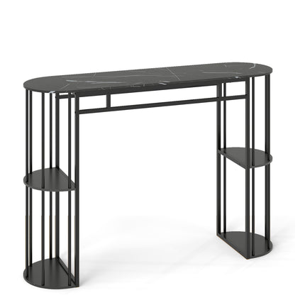 Baro stalas 150 cm, dirbtinis marmuras, juodas metalinis rėmas, lentynos
