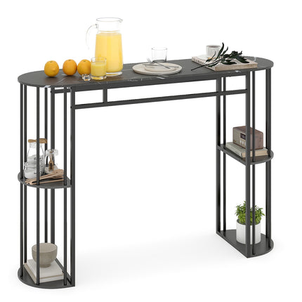 Baro stalas 150 cm, dirbtinis marmuras, juodas metalinis rėmas, lentynos