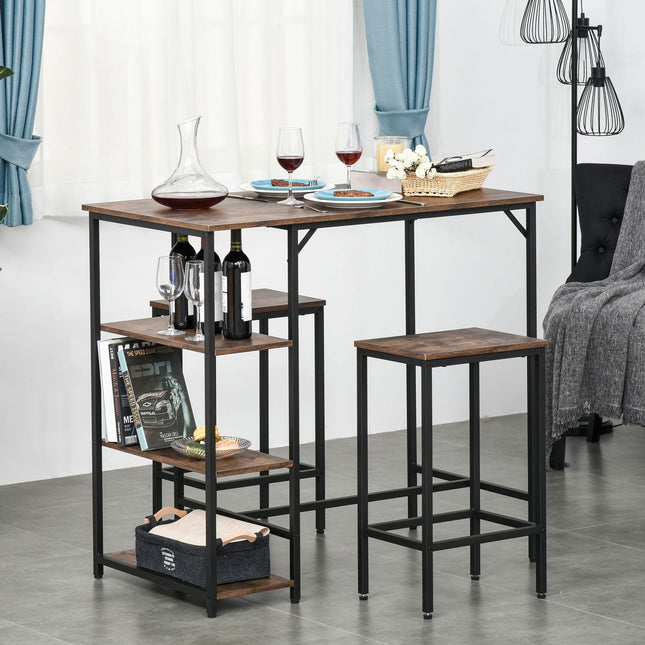 Baro stalų komplektas, baro stalas su 2 baro kėdėmis, 3 dalių stalų komplektas su lentynomis, medžio drožlių plokštė/plienas, kaimiškos rudos/juodos spalvos, 109 x 60 x 100 cm