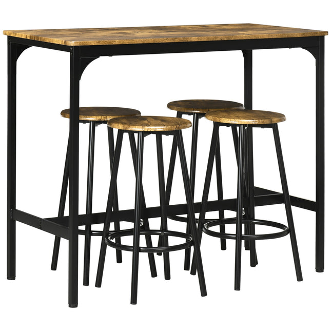 Baro stalas su baro kėdėmis, 5 dalių. Baro stalų komplektas, virtuvės stalas su 4 baro kėdėmis, valgomojo grupė, pramoninio dizaino, metalinis, kaimiškos rudos spalvos.