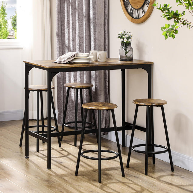 Baro stalas su baro kėdėmis, 5 dalių. Baro stalų komplektas, virtuvės stalas su 4 baro kėdėmis, valgomojo grupė, pramoninio dizaino, metalinis, kaimiškos rudos spalvos.