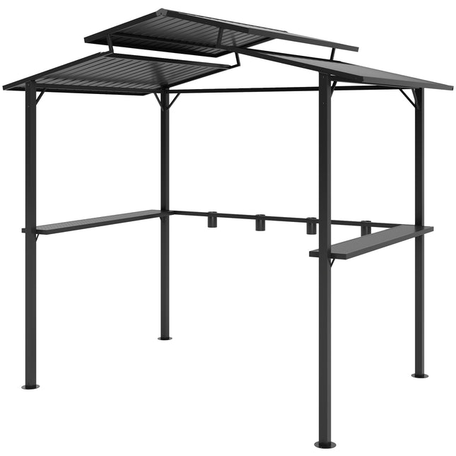 Grilio paviljonas 250 x 160 x 250 cm, atsparus vandeniui sodo paviljonas su dvigubo sluoksnio stogu, šoninėmis lentynomis, pavėsinė su apsauga nuo UV spindulių, kepsninės paviljonas, sodo palapinės kepsninė sodo vakarėliui, juoda