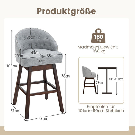 Baro kėdžių komplektas, 2 vnt., baro kėdės, 360° pasukamos, virtuvės taburetė su atlošu ir kojų atrama, 55 x 53 x 105 cm, pilka + ruda