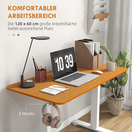 Baro stalas reguliuojamo aukščio, elektrinis, 120x60x72-116 cm, su apsauga nuo susidūrimo, kabelių dėže, kabliu pakabinimui, medžio drožlių plokštė, natūrali mediena