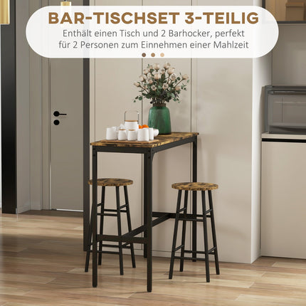 Industrial bar table set with stools, rustic brown steel
