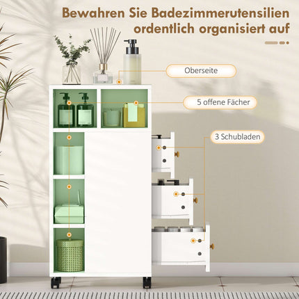 Bathroom Cabinet with Wheels, 3 Drawers, 5 Shelves, White
