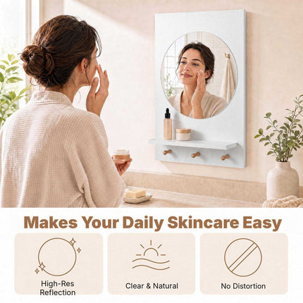 Bathroom Wall Mirror with Storage Shelf and 3 Hooks, White, 34 cm Round