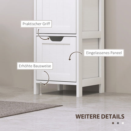 Tall white bathroom cabinet with drawers and open shelves