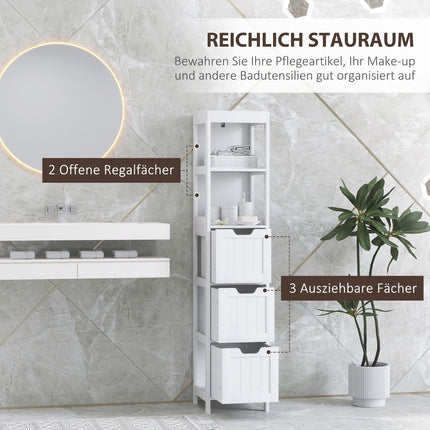 Tall white bathroom cabinet with drawers and open shelves