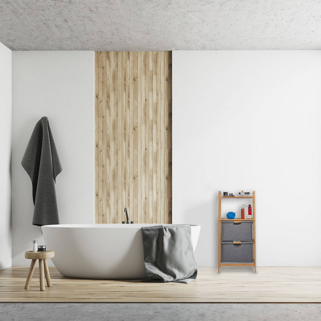 Bathroom shelf with laundry baskets