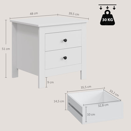 Bedside Table with 2 Drawers and Anti-Slip Pads, White, 48 x 39.5 x 51 cm