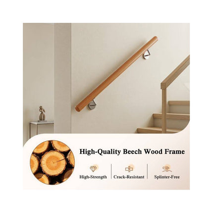 Beech Wood Stair Handrail 80 cm with Wall Brackets, 40 mm Diameter, 200 kg Load