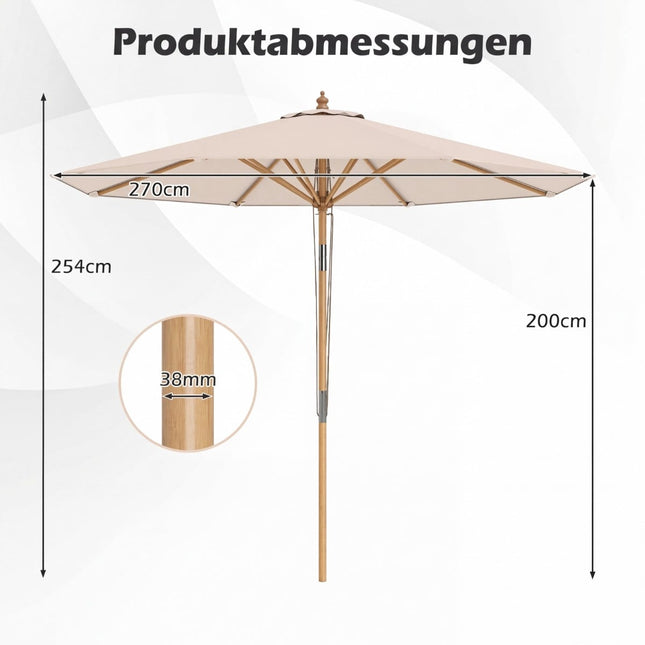Smėlio spalvos terasos skėtis, 270 cm, bambukinis rėmas, reguliuojamas pasvirimas