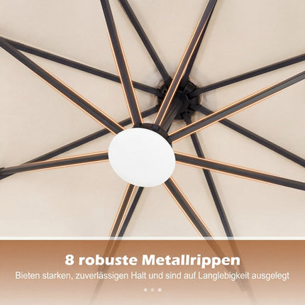 Smėlio spalvos saulės energija varomas LED terasos skėtis, 360° pasukamas, 300 cm